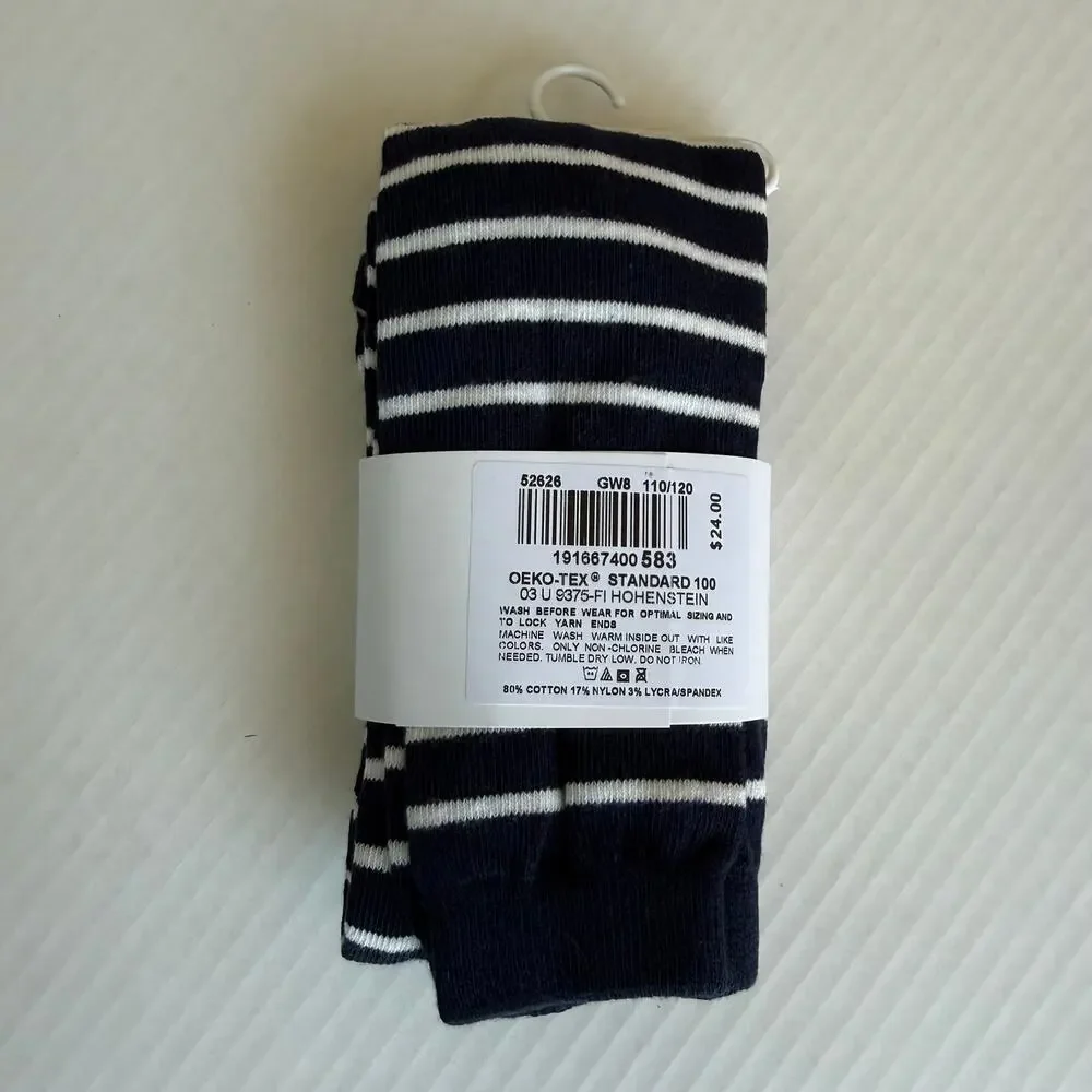 Hanna Andersson Girls Bright Basics Striped Tights Navy + Hanna White Size 5-7